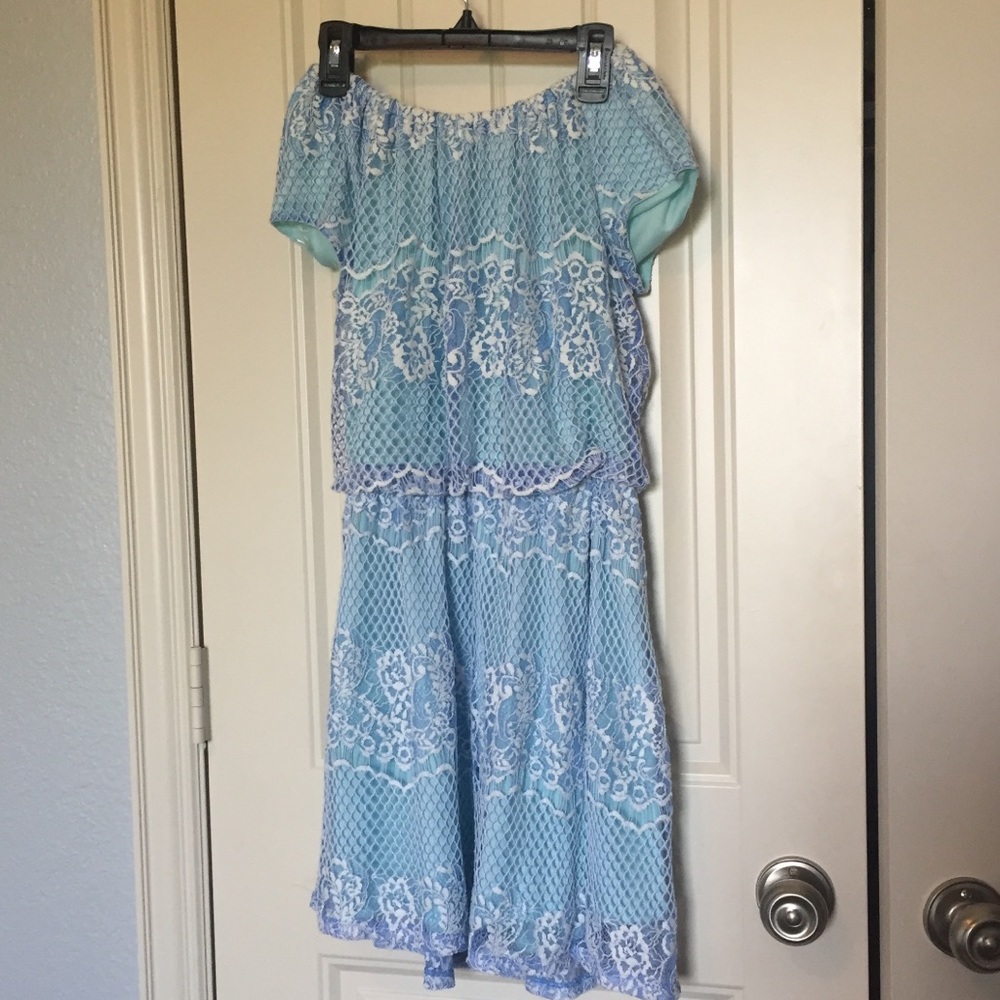 Blue with White Lace Off the Shoulder Dress